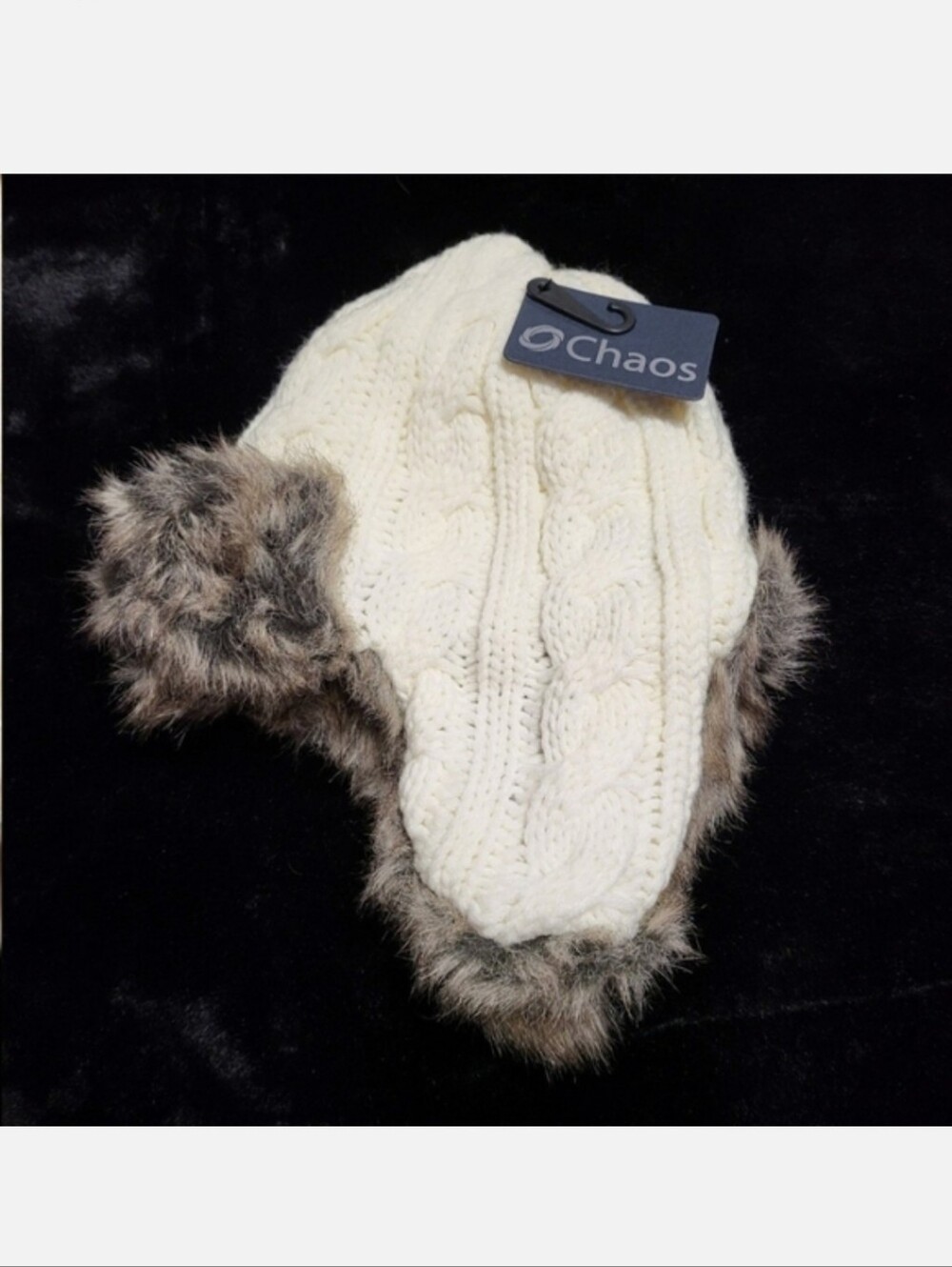 C.H.A.O.S. Faux Fur Fleece Lined Chaos Cream Knit Trapper Hat NWT $40